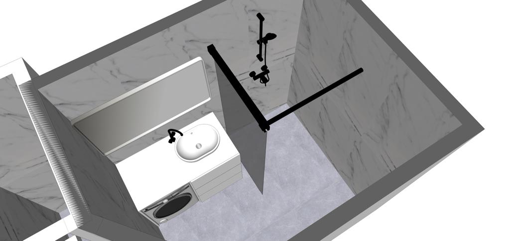 Concept render bovenaanzicht van de badkamer met inloopdouche, glazen wand en vanity