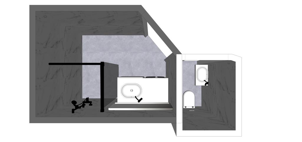 Concept render — plattegrond en indeling van de badkamer en toiletruimte met marmer-look afwerking