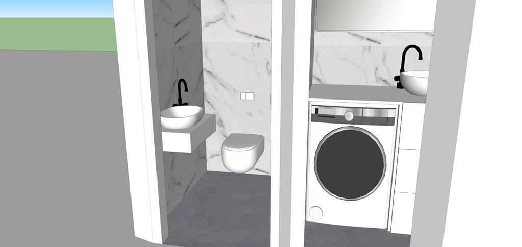 Concept render van het toilet en de wasruimte met hangtoilet, fontein en wasmachine-inbouw