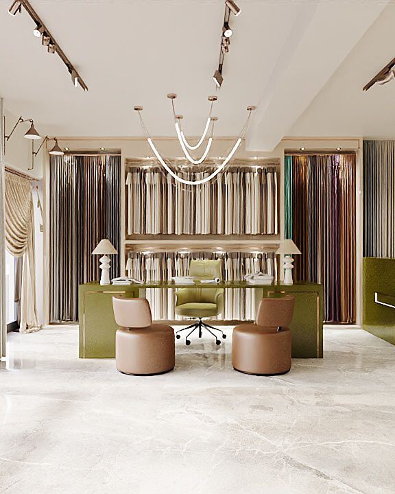 Maatwerk verlichting en gordijnpresentatie — symmetrische opstelling met track-lighting
