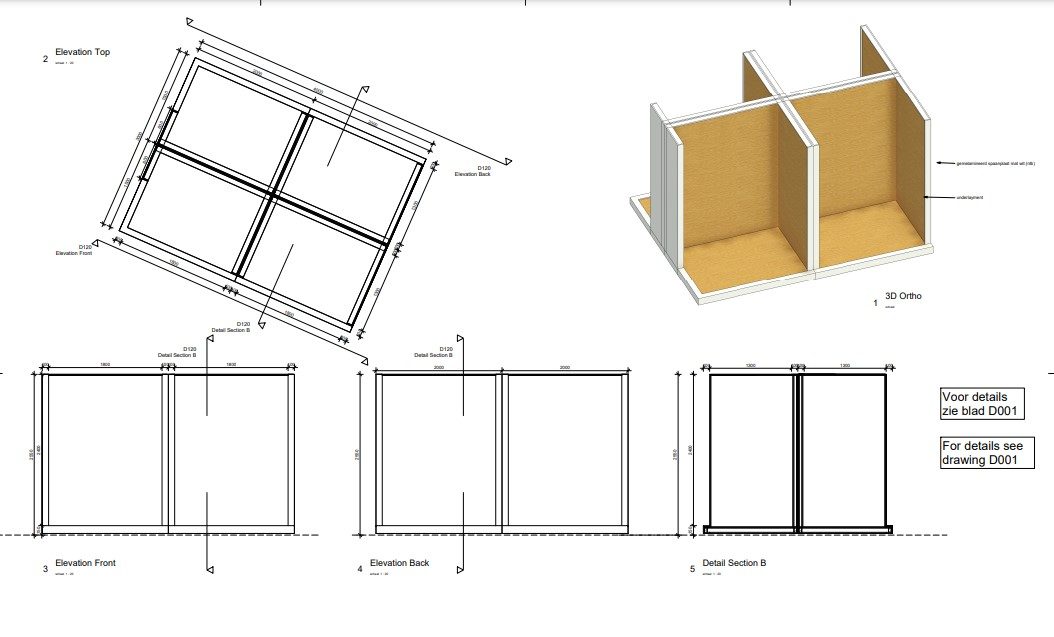 Werktekening D120 — eilandgroep voor sanitairdisplay
