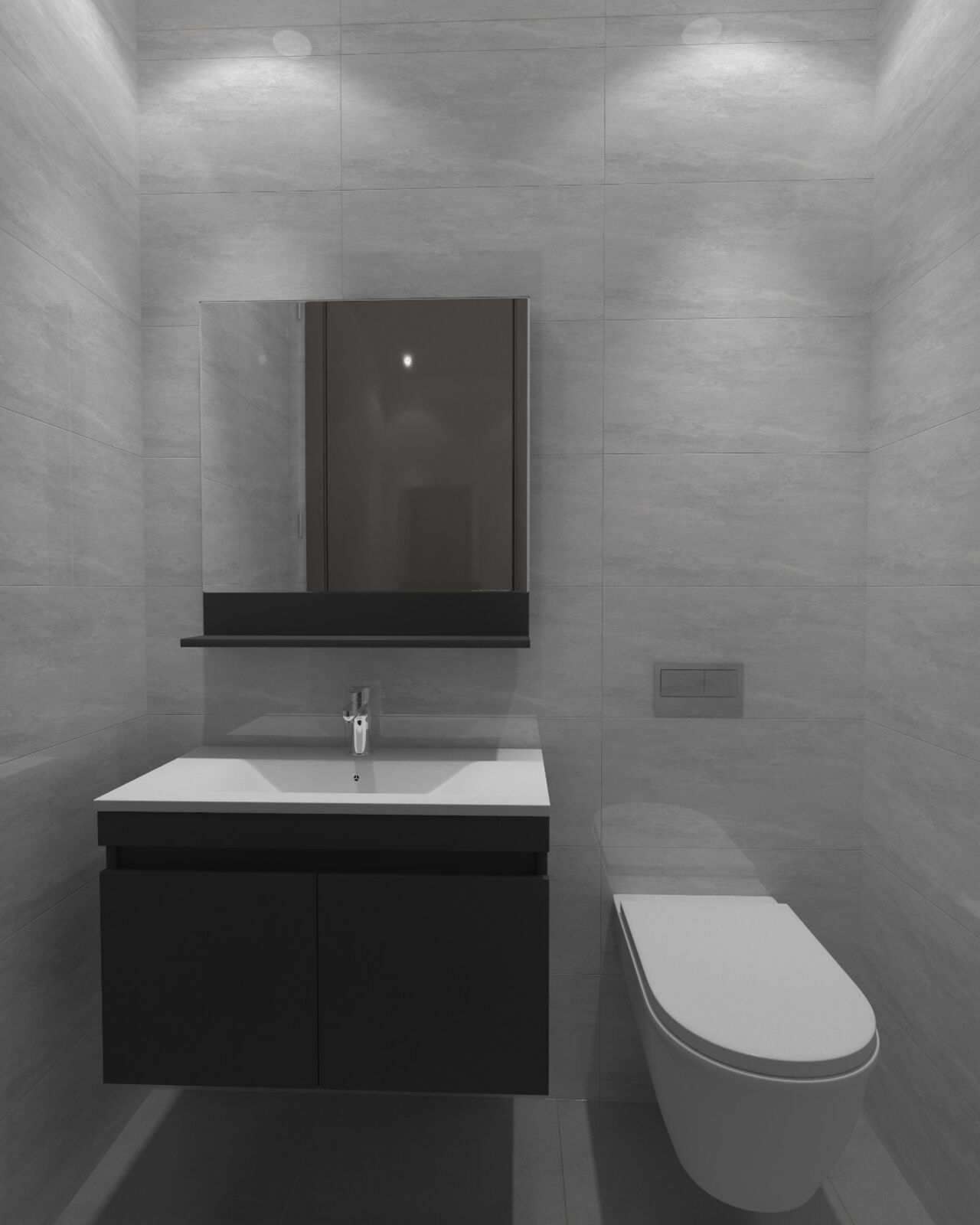 Sanitair blok met grootformaat tegelwerk, hangend toilet en zwart vanity meubel