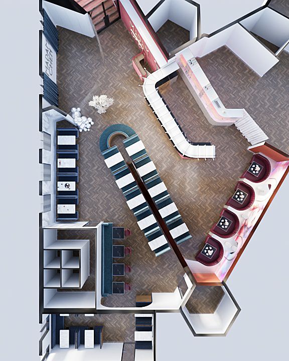 3D-render top-down — indelingsplan met bar, booths en sanitairzone