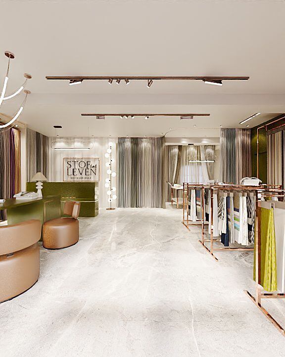 Concept render — overzicht showroom met stofrekken en lounge