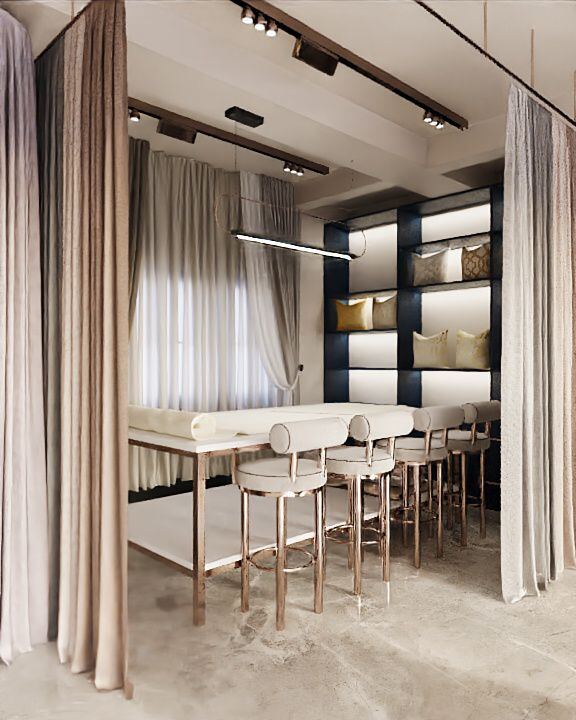 Concept render — atelierruimte met werkbalie en kruksopstelling