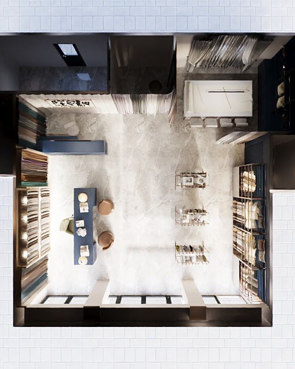 Concept render — plattegrondvisualisatie van showroom en atelier