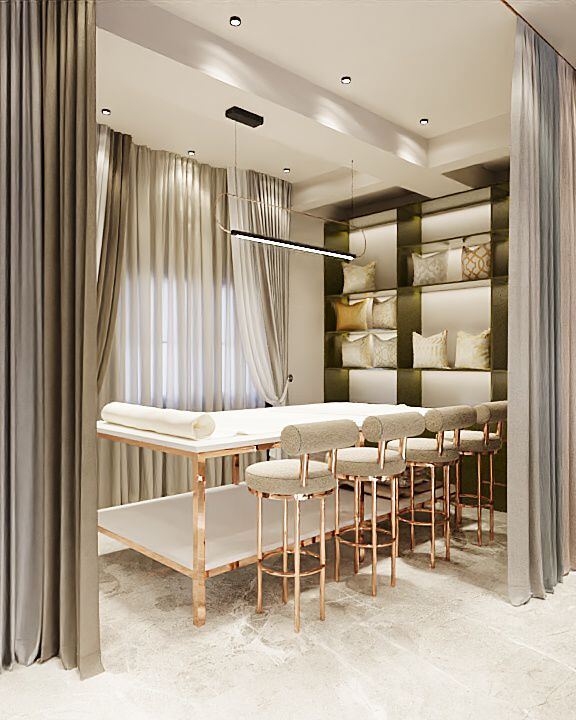 Concept render — atelier met capitonné wand en hangverlichting