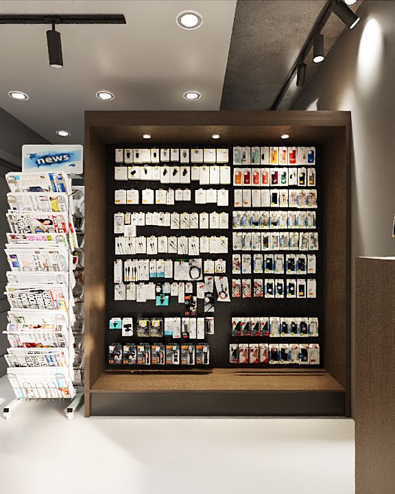 Render accessoiremuur met telefoonhoesjes en kabels op zwart pegboard