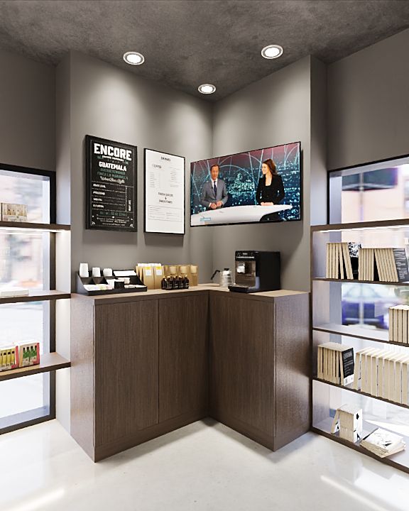 Render koffiehoek met espressomachine, menubord en digitaal scherm