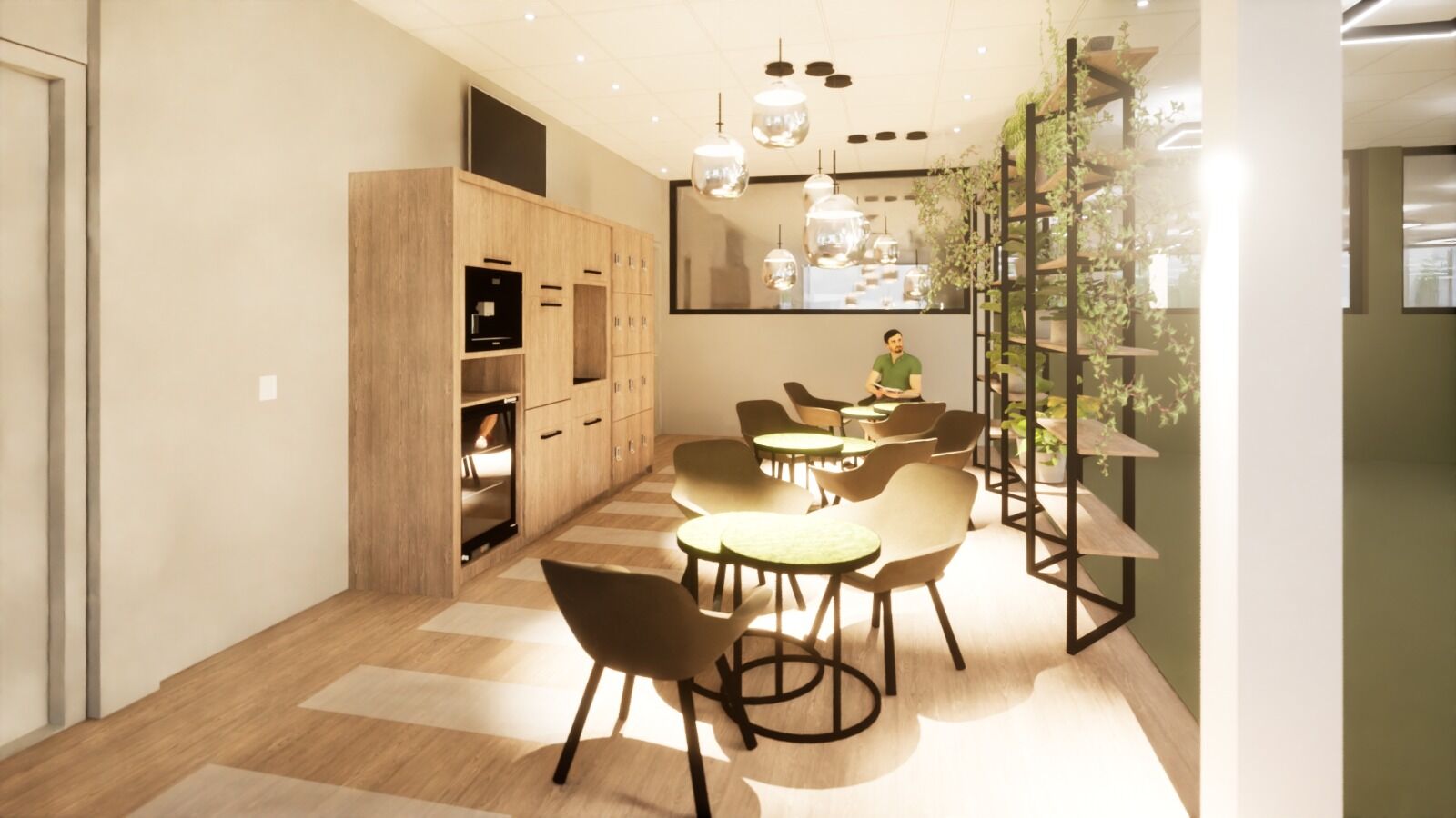 Render — koffiehoek met lockers, espressomachine en zithoek