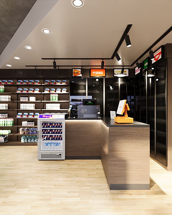 Render — kassabalie met PostNL, Lotto en Toto signage