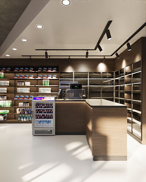Render — convenience-schappen met dranken en pre-packed food