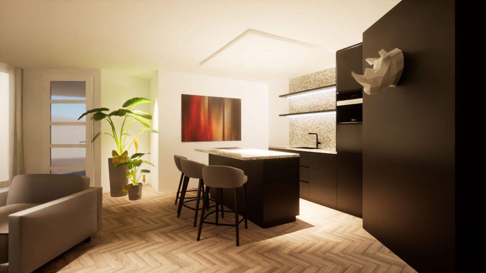 Render woonkamer met zithoek, eettafel en parketvloer
