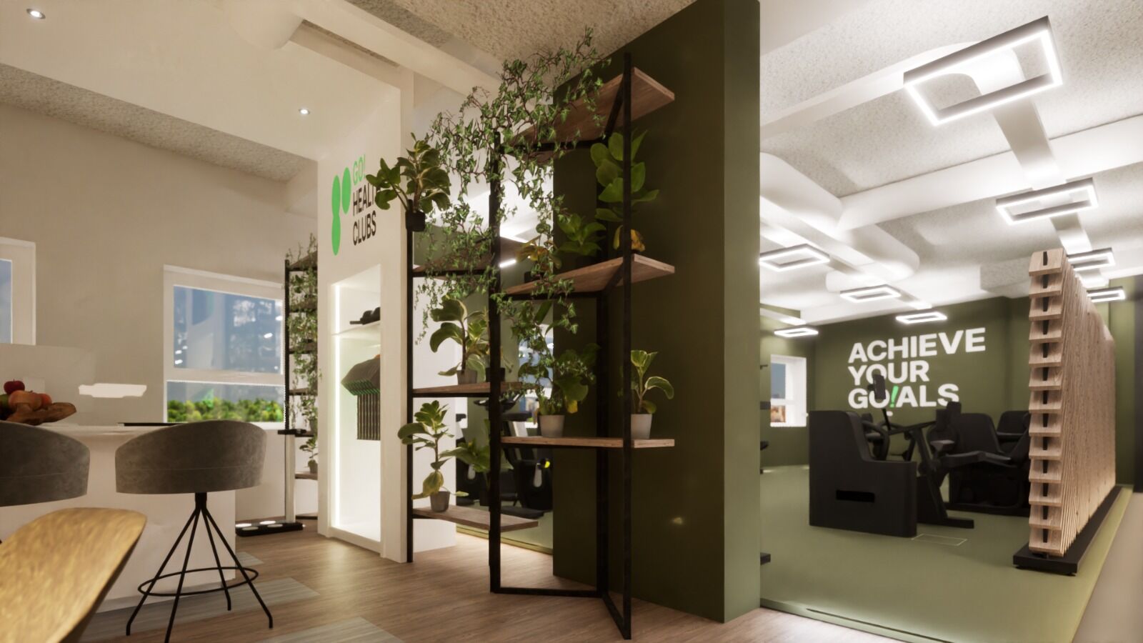 3D render — entree met groene plant-divider en Go! Health Clubs signage