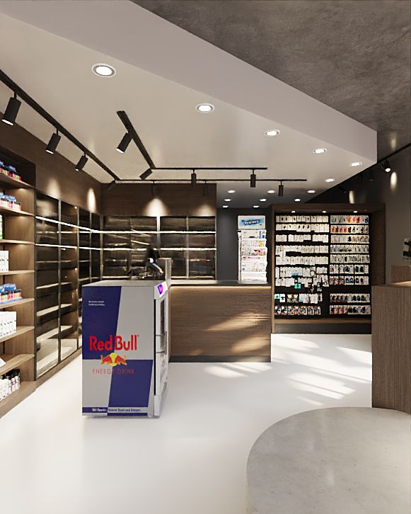 Render breed binnenaanzicht met podium, koelvitrines en accessoirewand