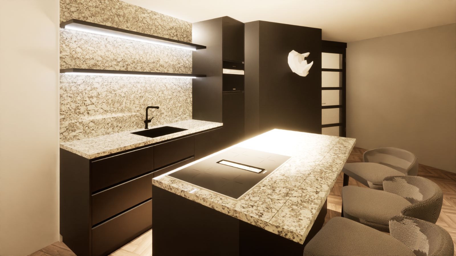 Render zwarte keuken met granieten werkblad en backlit schappen