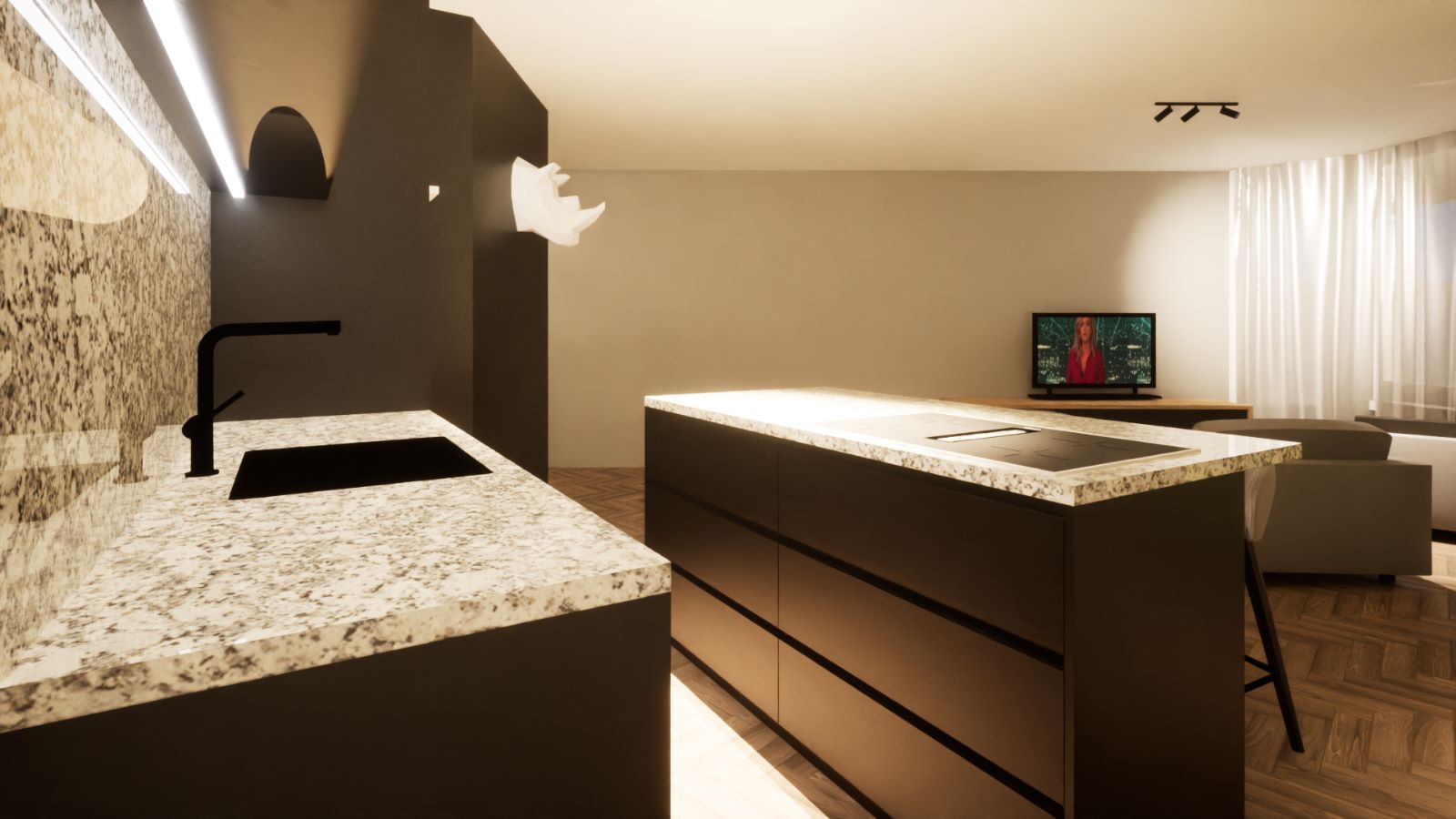 Render eethoek met keukeneiland en accentwand