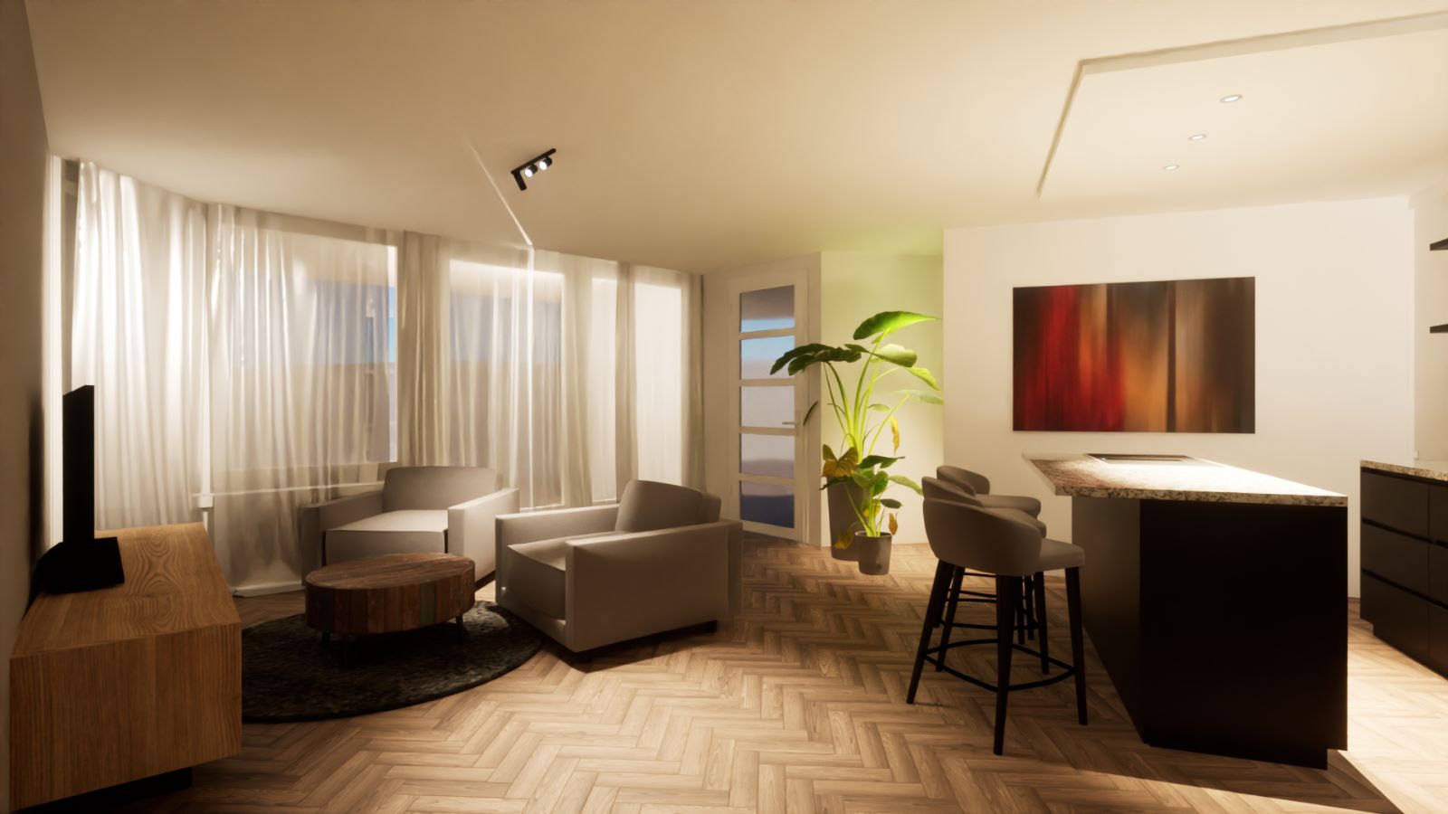 Render van getransformeerd appartement Rotterdam met open keuken en woonkamer