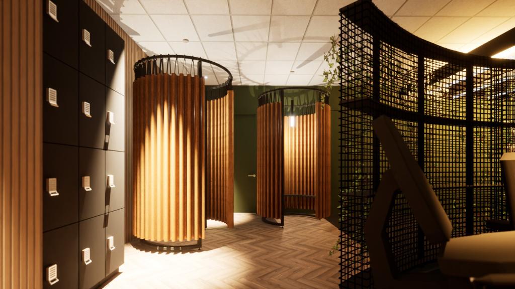 MIA Design render — kleed­ruimte met houten cabines en zwarte lockers