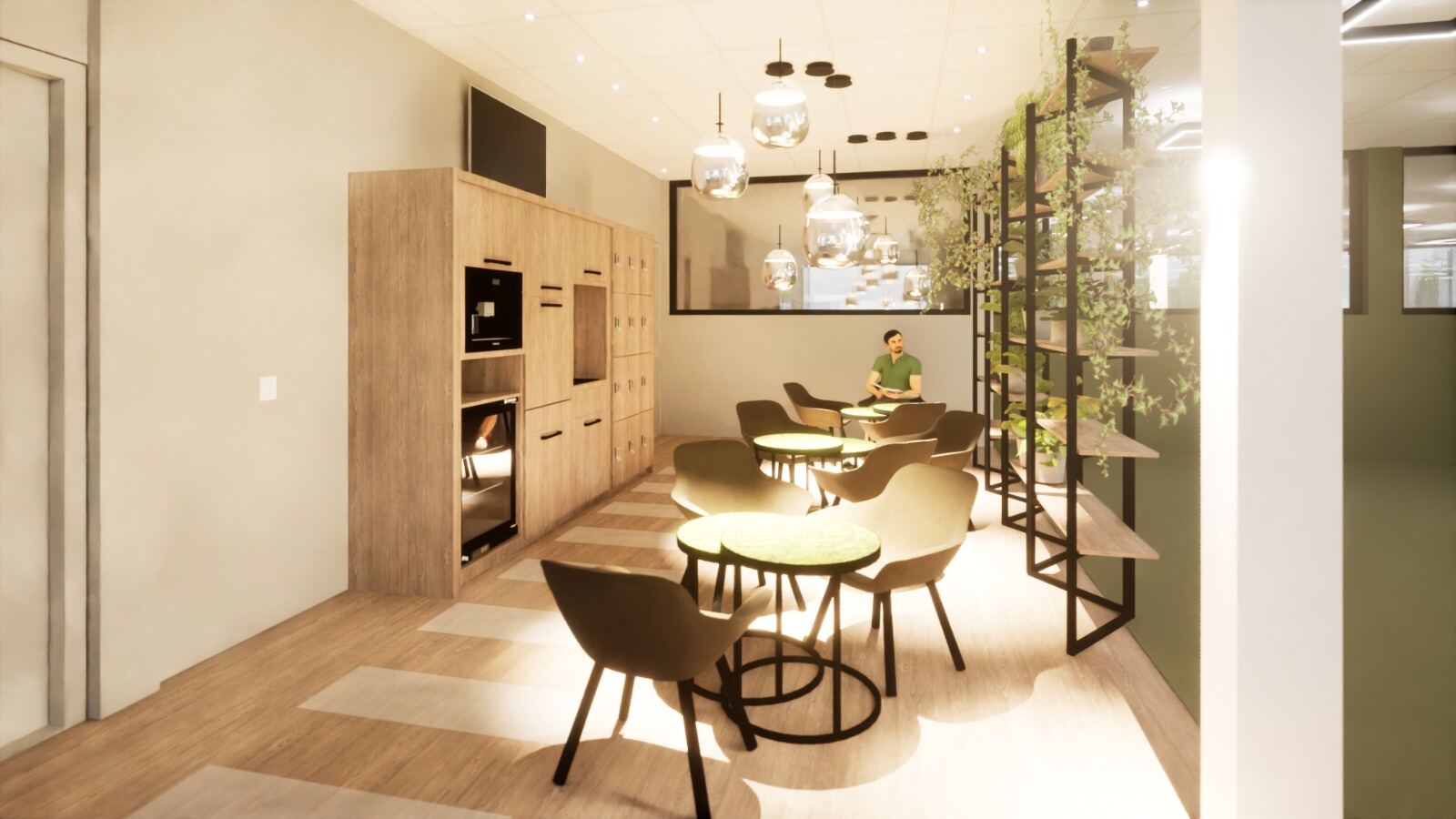 Render — overzicht lounge met zicht op fitness-zone