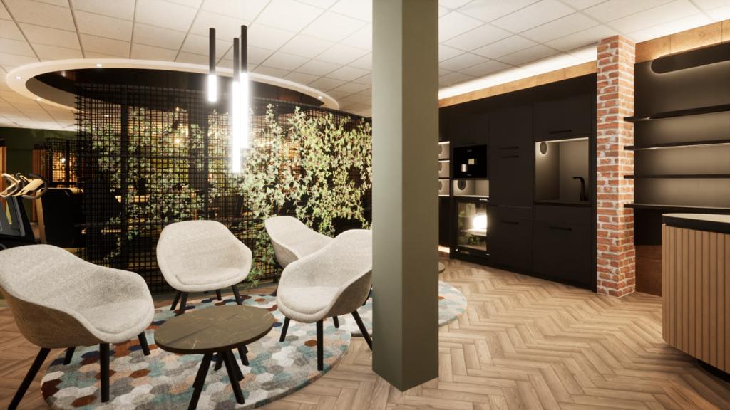 MIA Design render — lounge met green wall en gebogen plafond