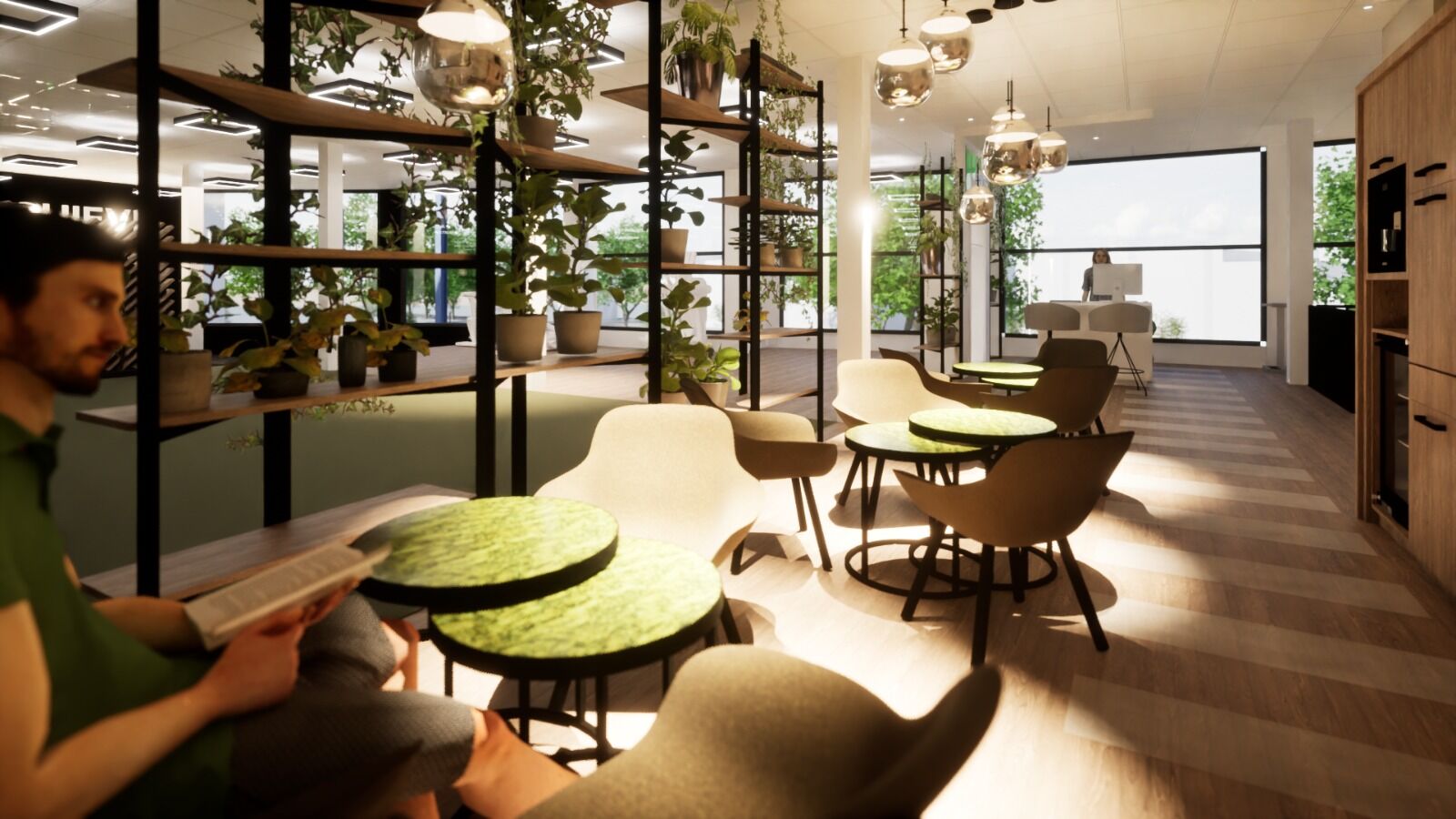 Render — lounge met groene planten-shelves en zithoek