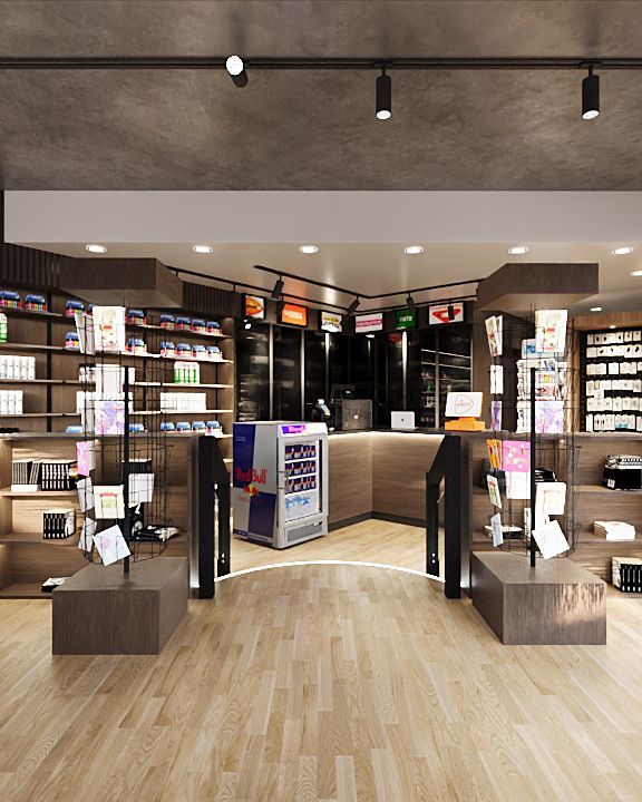 Render — symmetrische tijdschriftendisplays met centrale Red Bull cooler