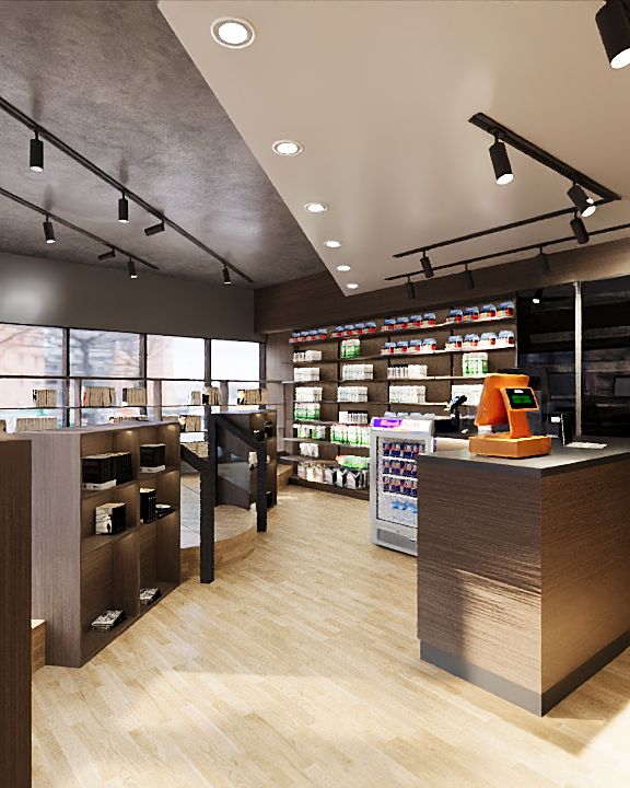 Render van news & convenience store Rotterdam met houten vloer en kassabalie