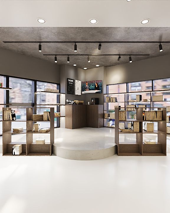 Render van getransformeerde convenience kiosk Rotterdam met podium en koelvitrines