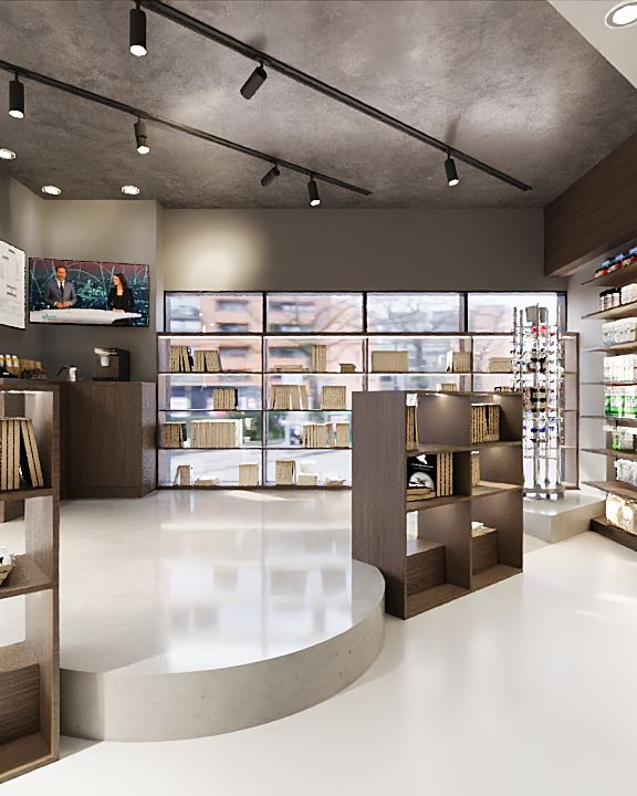 Render — daglicht via gevel met content-wall en podium