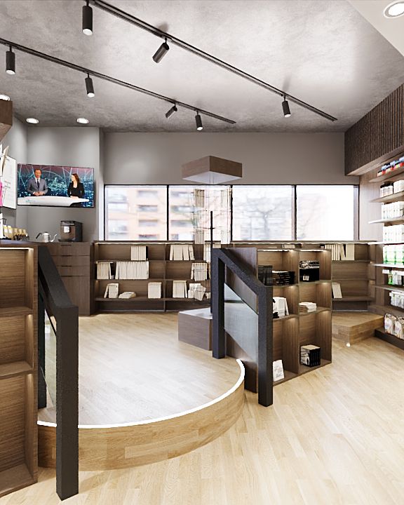 Render — podium met TV-wand en houten boekendisplays
