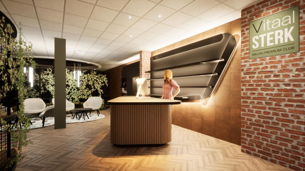 MIA Design render — receptie met VitaalSterk signage en groene plant-divider