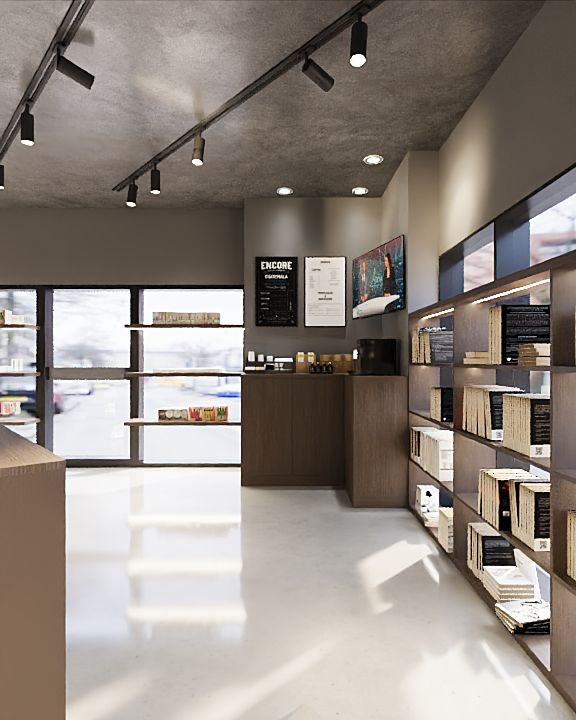 Render houten wandschappen met indirecte verlichting en producten
