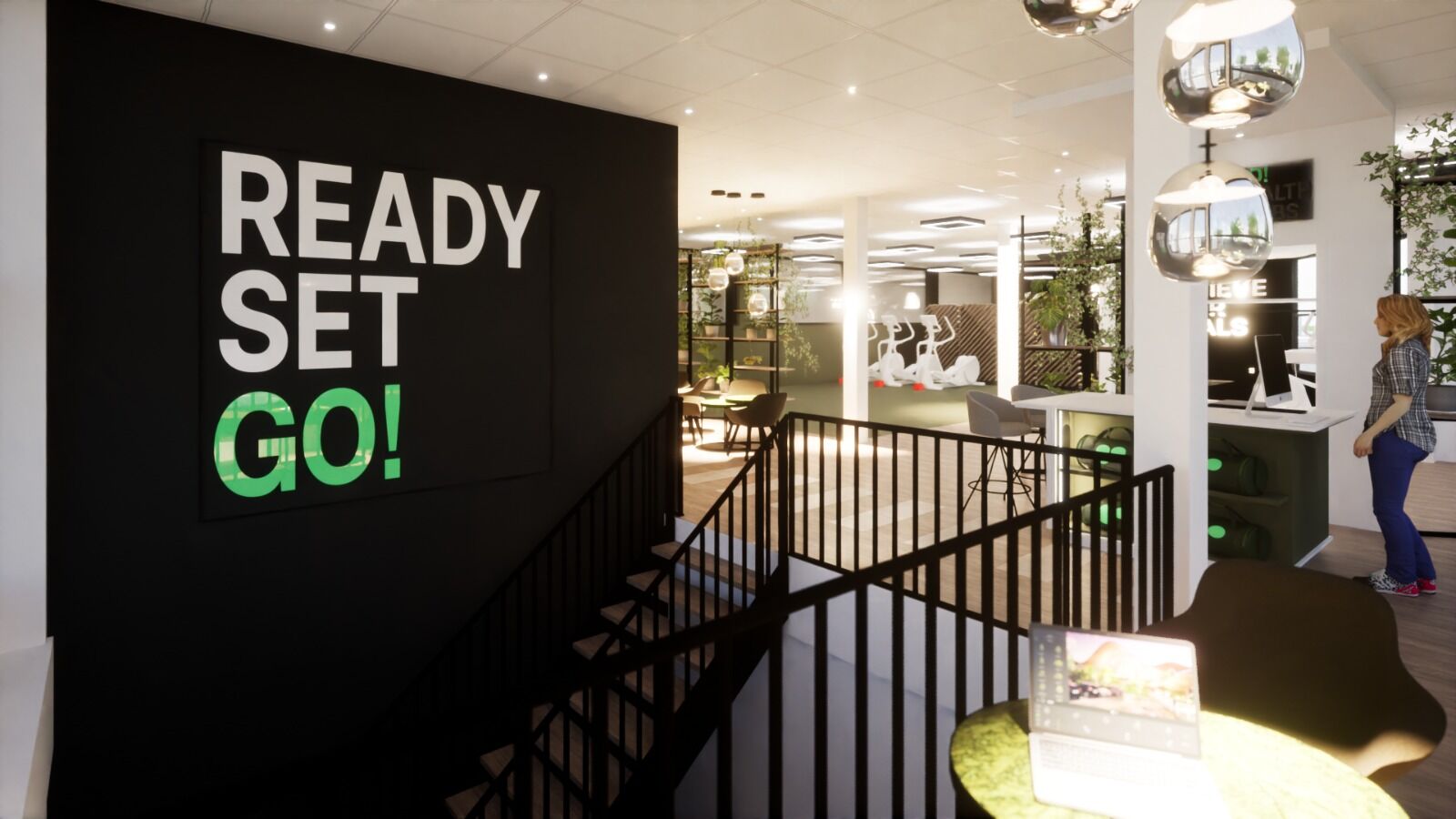 Render — trappenhuis met 'Ready Set Go!' wandgrafiek en zicht op cardio-zone