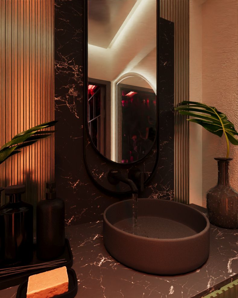 Sanitair detail — zwart-marmeren wasbak met ovale spiegel en geribbelde houten wandpanelen