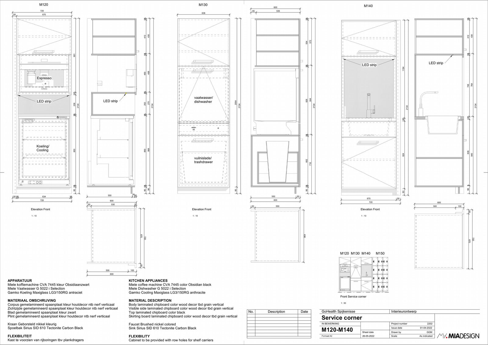 MIA Design service-corner uitvoeringstekening — sheet M120–M140