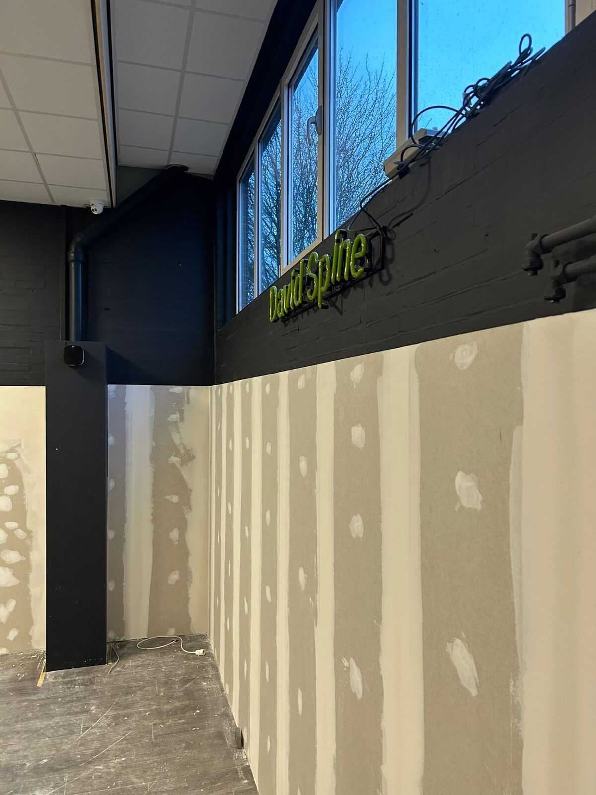 Groene neon David Spine signage onder daglicht via raamstrook